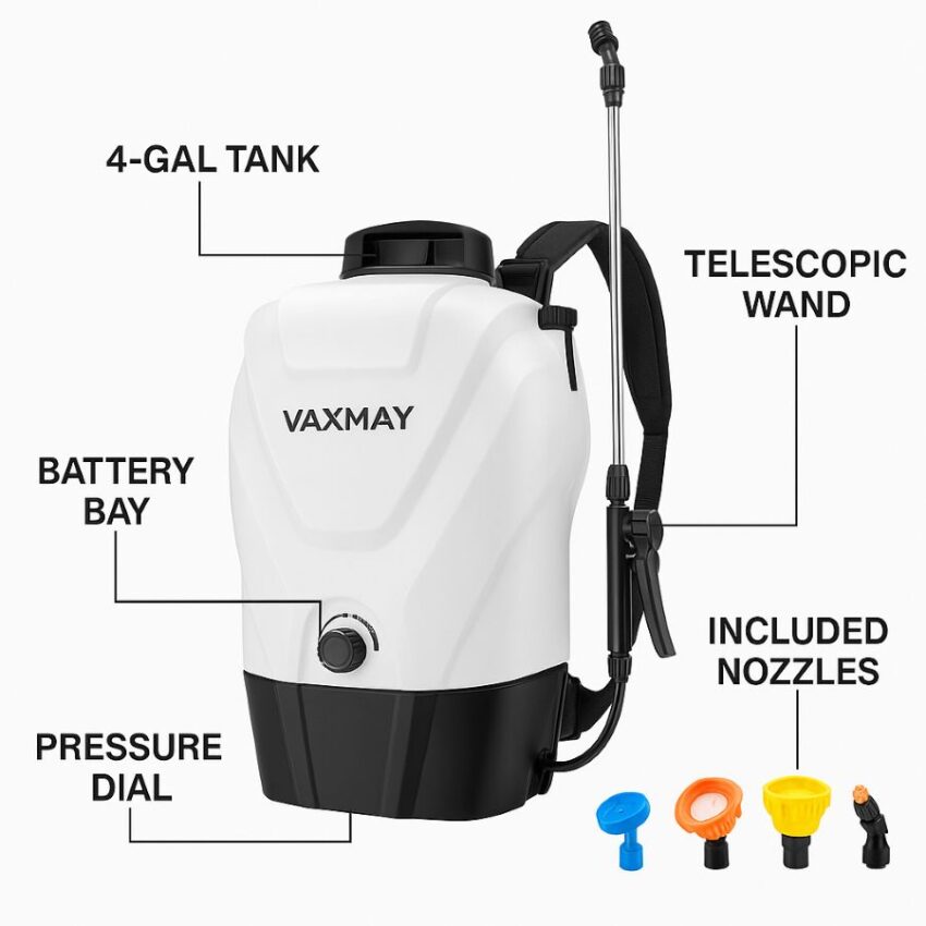 4-gal battery backpack sprayer with labeled components and Makita 18V bay