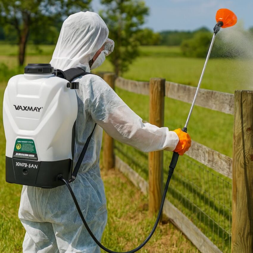4-gallon battery backpack sprayer with Makita-compatible 18V battery delivering an even fan spray along a fenceline