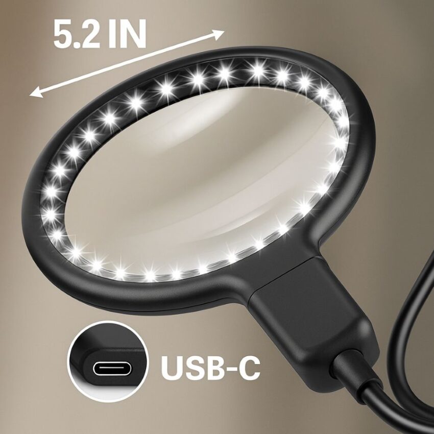 5.2 inch acrylic lens with 36-LED ring, USB-C port, and flexible gooseneck.
