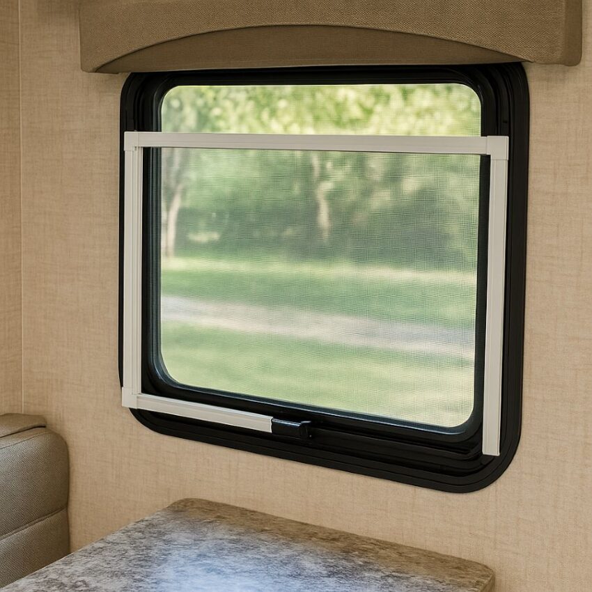 Adjustable screen set into an RV window track for temporary, tool-light installation