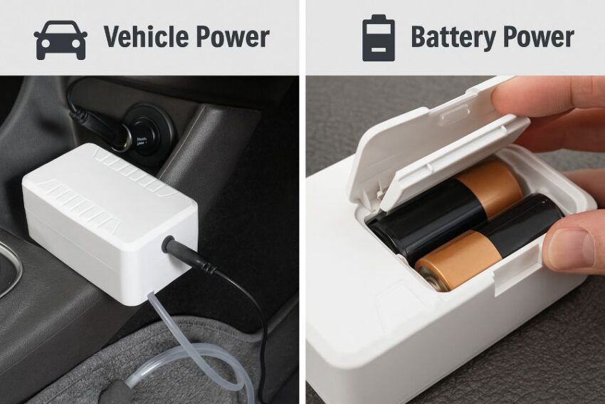 Aerator powered by a 12-volt vehicle outlet and by two D batteries in the compartment.