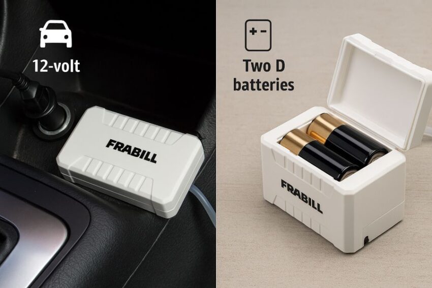 Aerator shown with 12-volt vehicle adapter and with two D batteries for portable use