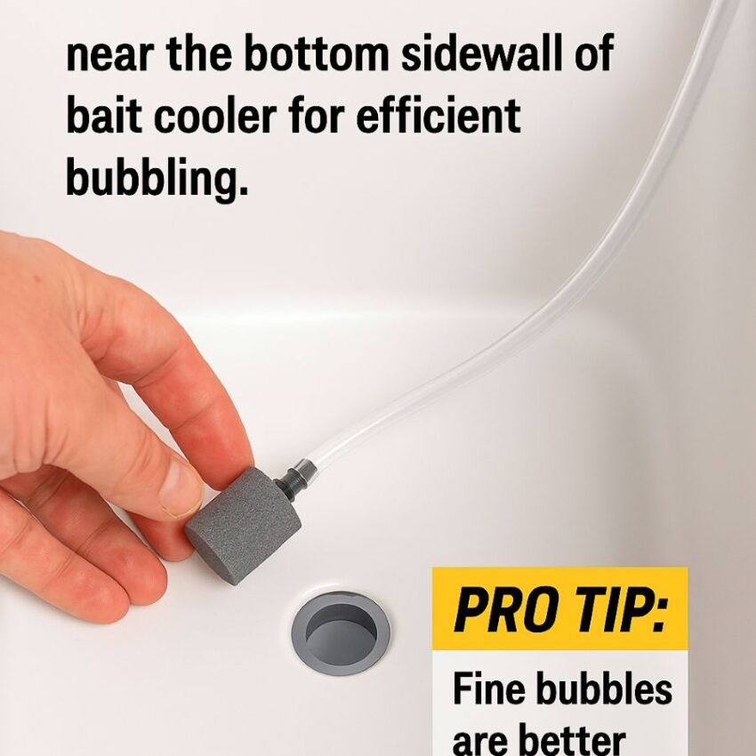 Air stone positioned near the bottom sidewall of the bait cooler for efficient bubbling