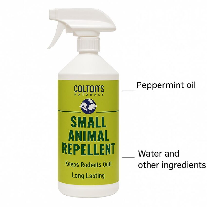 All natural rodent repellent spray bottle with peppermint oil and other eligible components called out