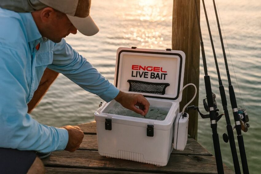 Angler on a dock with an open Engel Live Bait Cooler, pull net and 2-speed aerator running.