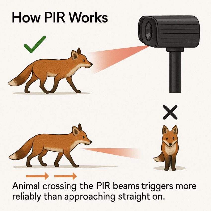 Animal crossing the PIR beams triggers more reliably than approaching straight on.