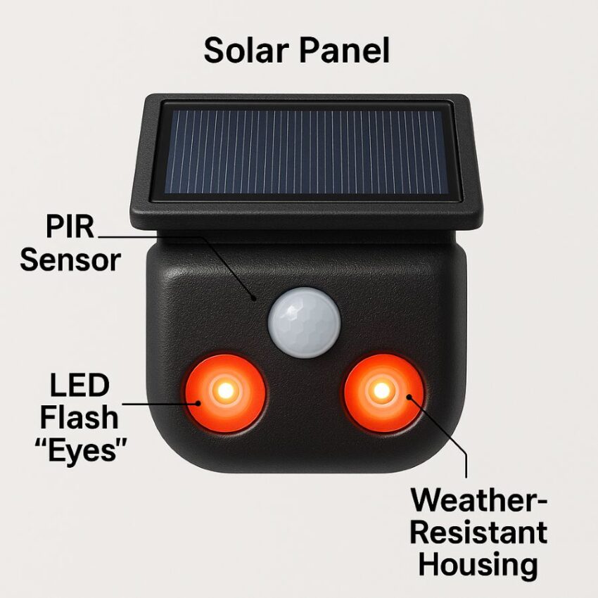 Annotated close-up of solar predator light showing solar panel, PIR sensor and LED flash ‘eyes