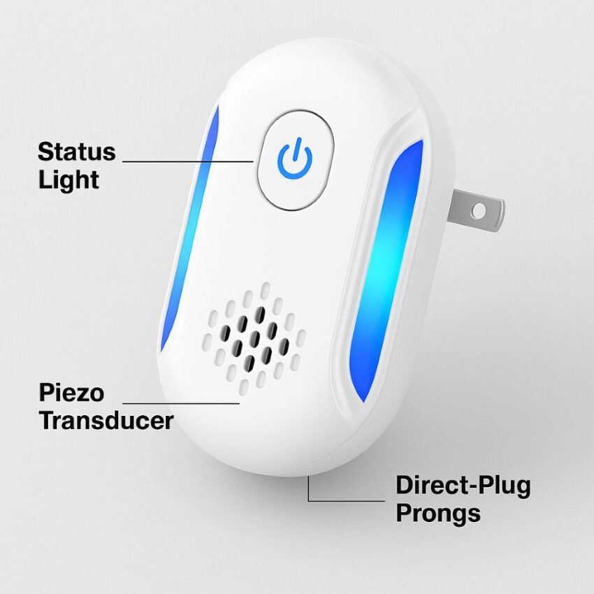 Annotated diagram of a plug-in ultrasonic pest repeller showing transducer and indicator light.