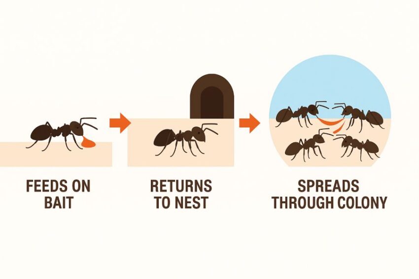 Ant feeding, returning to the nest, and sharing food that spreads through the colony.