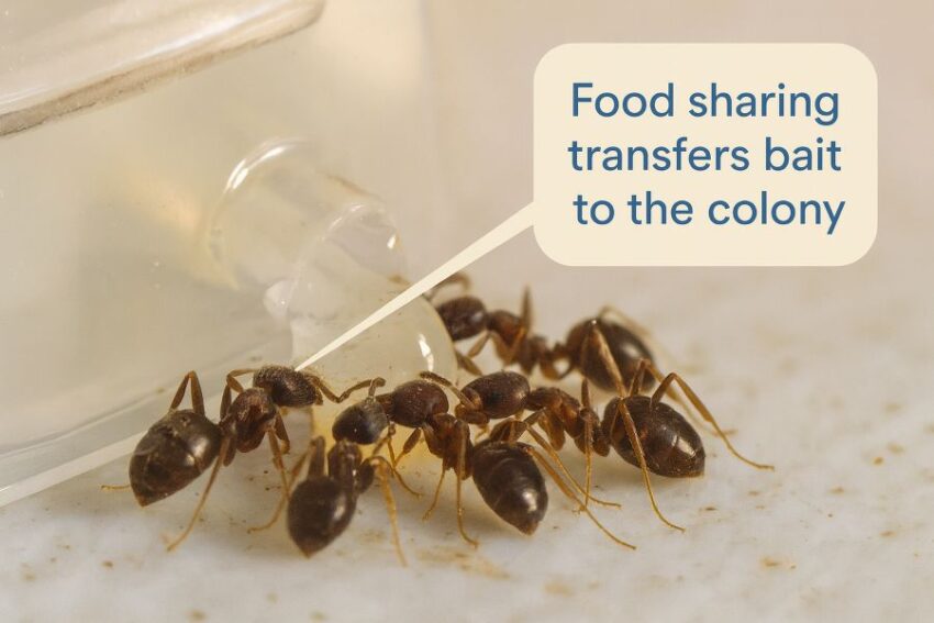Ants feeding at a bait station entrance with note that food sharing spreads bait through the colony.