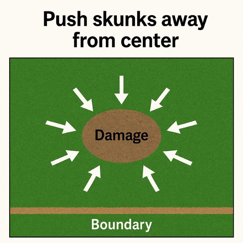 Application pattern pushing skunk activity away from a lawn center toward the boundary.