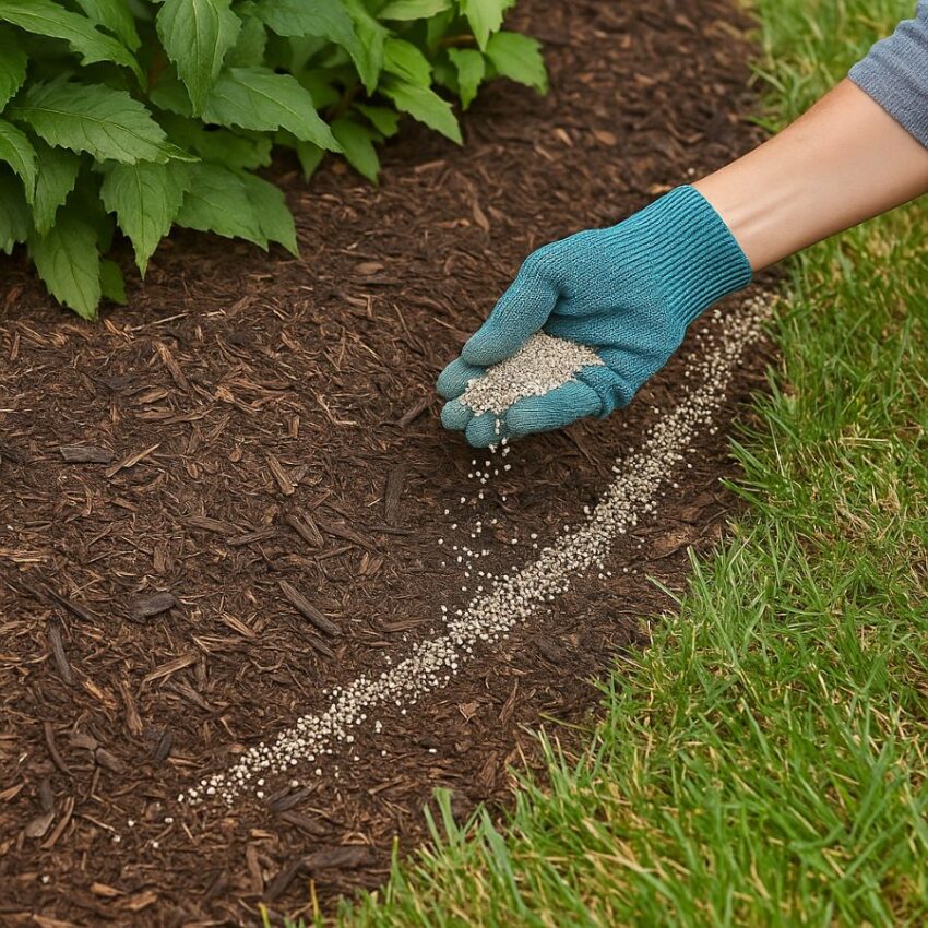 Applying Critter Ridder outdoors at a band along the bed edge per label directions