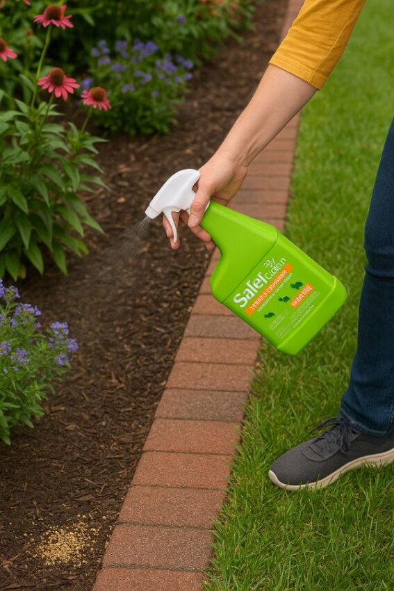Applying a light rate along a garden perimeter using three trigger sprays per square foot