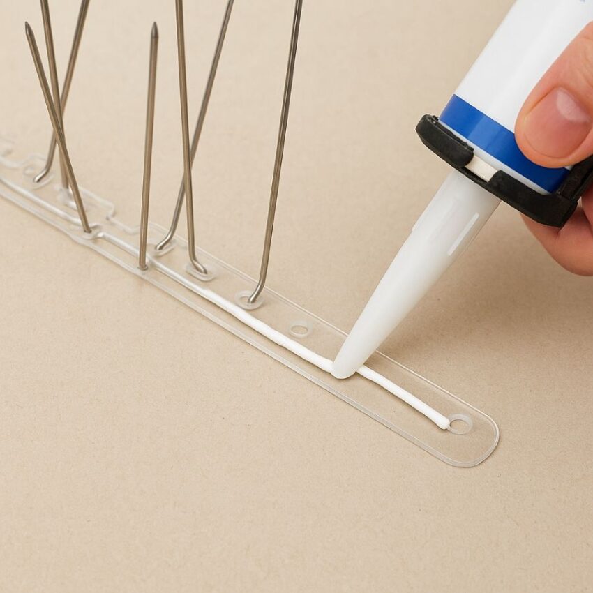 Applying adhesive beads to the spike base before pressing into place