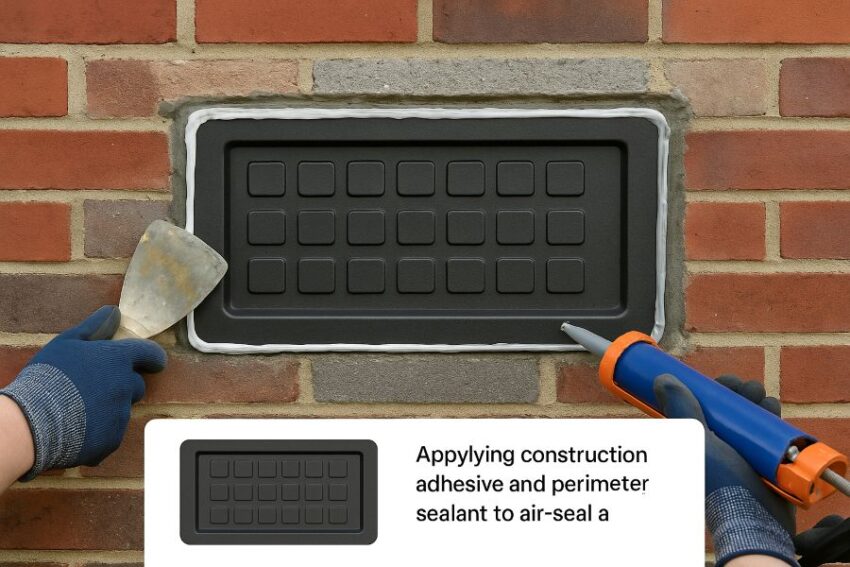 Applying construction adhesive and perimeter sealant to air seal a recessed vent cover