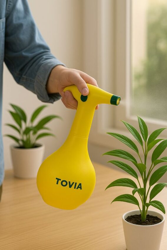 Applying fine mist 6–12 inches from foliage in cool morning conditions.