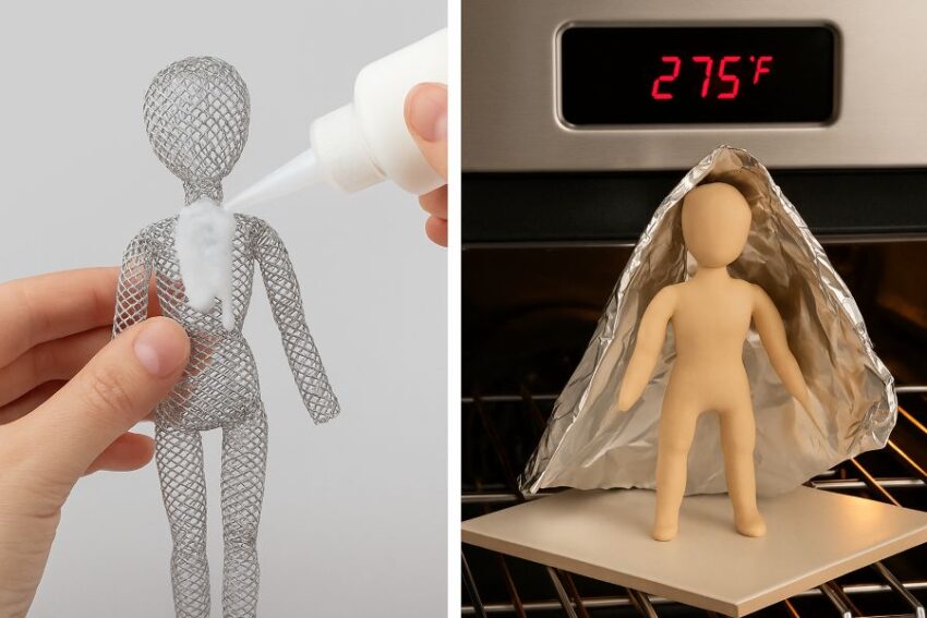 Applying liquid polymer clay over mesh, then baking the clay-covered armature at 275 °F with a foil tent.