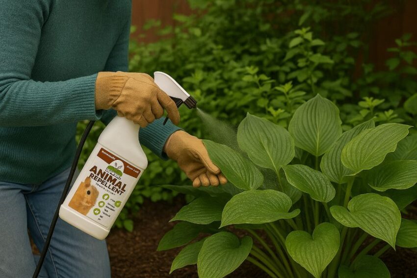 Applying rabbit repellent concentrate to both sides of leaves during the cool part of the day.
