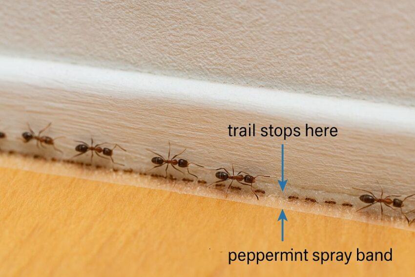 Argentine ant trail disrupted by a fresh peppermint spray band along a baseboard.