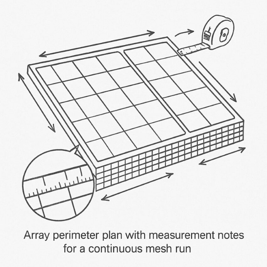 Array perimeter plan with measurement notes for a continuous mesh run