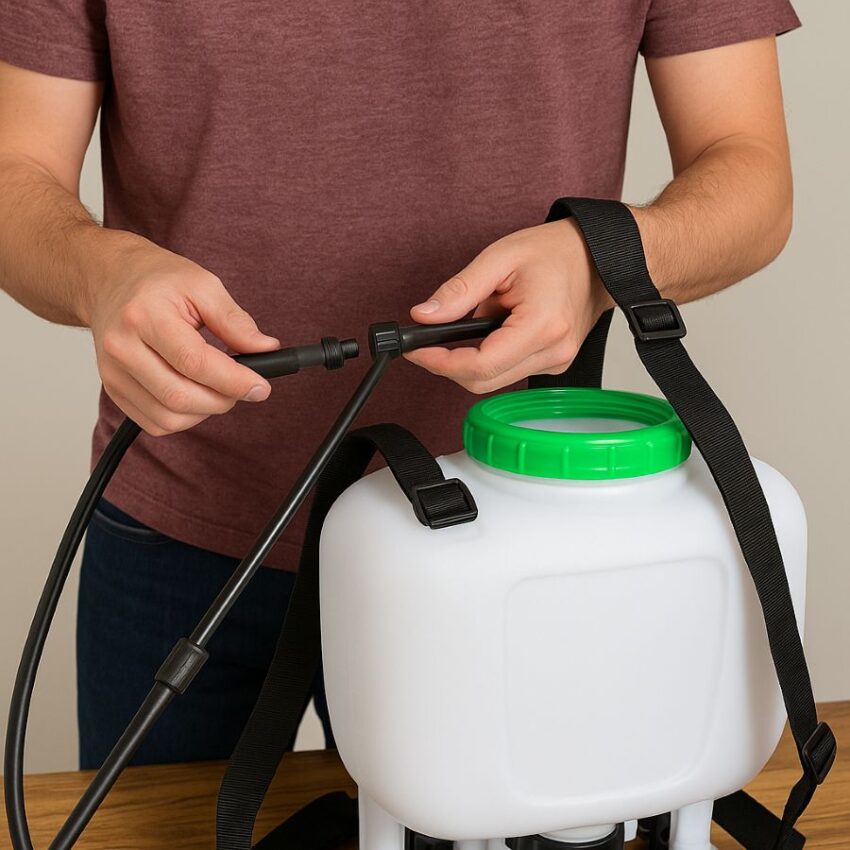Assembling the wand and attaching shoulder straps on a backpack sprayer.
