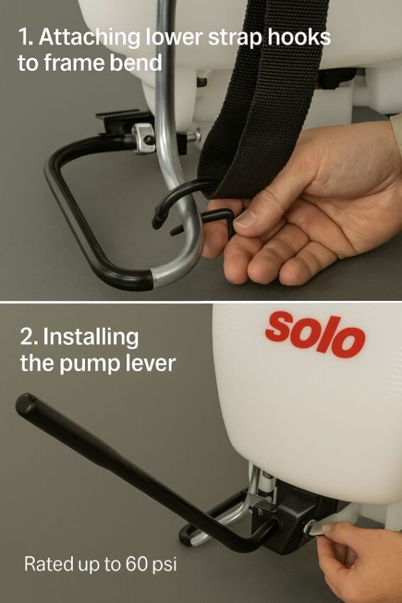 Attaching lower strap hooks to the frame bend and installing the pump lever on a SOLO backpack sprayer