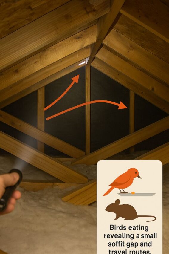 Attic inspection revealing a small soffit gap and travel routes.