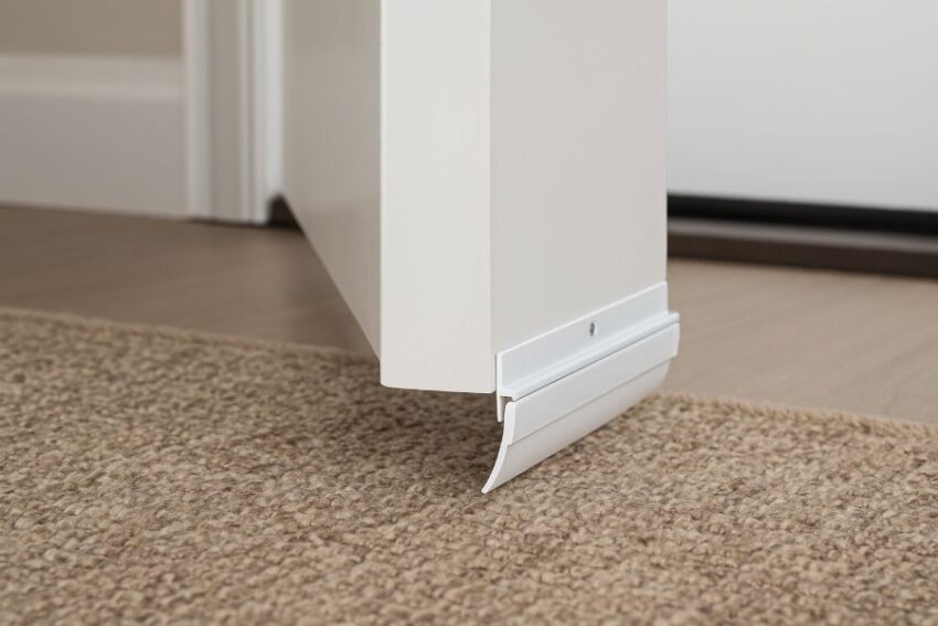 Automatic sweep clearing a low rug without dragging during door opening