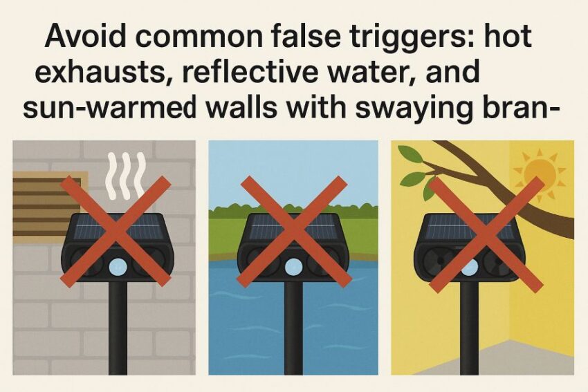 Avoid common false triggers: hot exhausts, reflective water, and sun-warmed walls with swaying branches