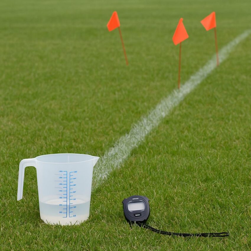 Backpack sprayer calibration with measuring cup and marked test course