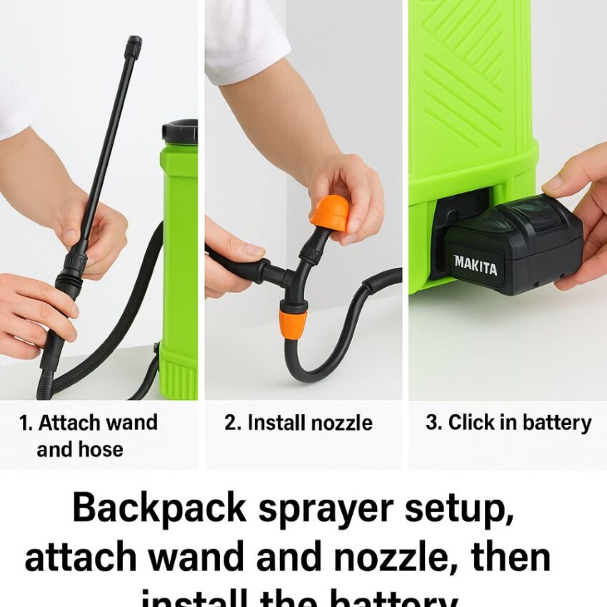 Backpack sprayer setup, attach wand and nozzle, then install the battery.