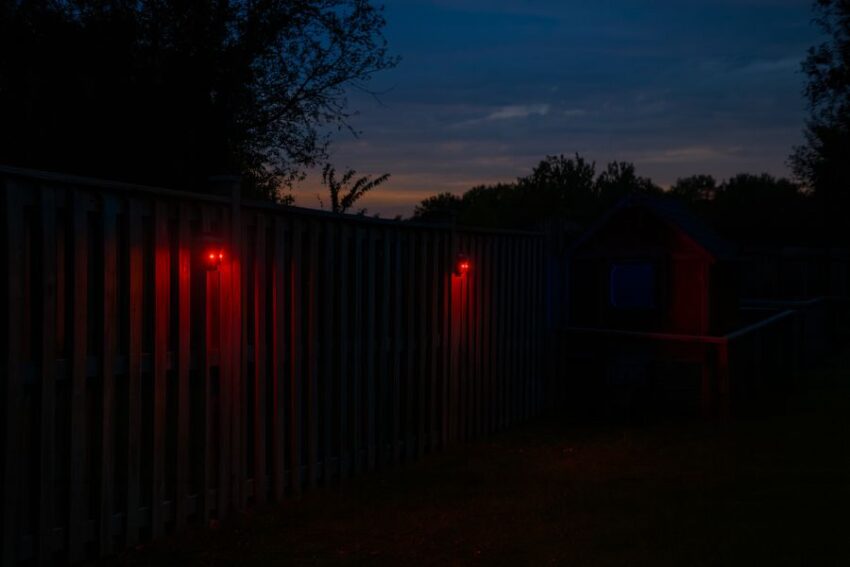 Backyard at dusk with solar red predator lights flashing along a fence near a chicken coop