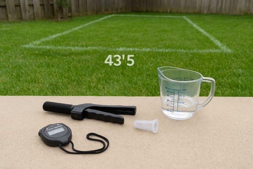 Backyard calibration setup with a marked 340-square-foot area, stopwatch, and measuring cup for the 128th-acre method