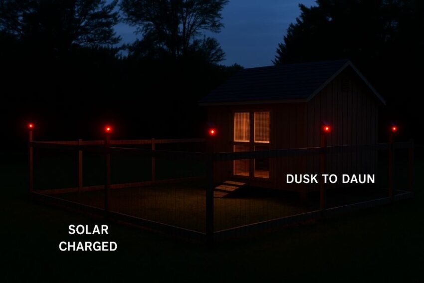 Backyard chicken coop at dusk with four solar predator lights flashing red along the fence line