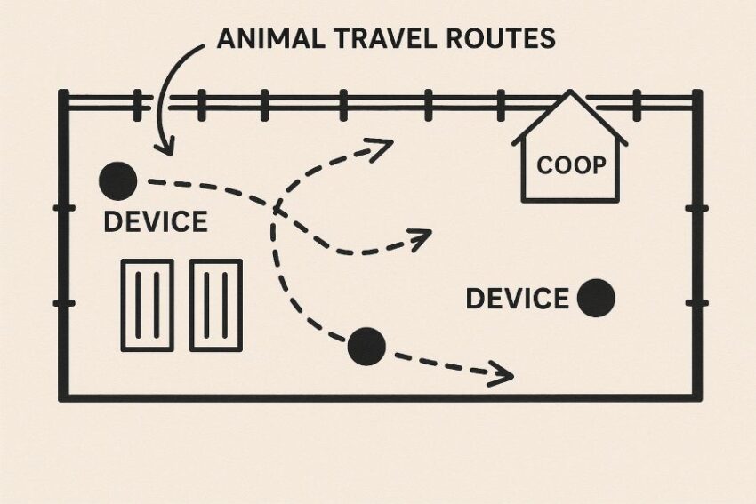 Backyard map marking animal travel routes and ideal mounting spots for the solar repellent