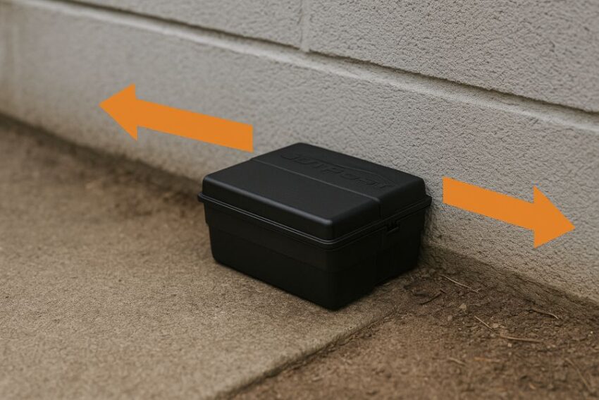 Bait station placed flush to a foundation wall along the rodent runway.