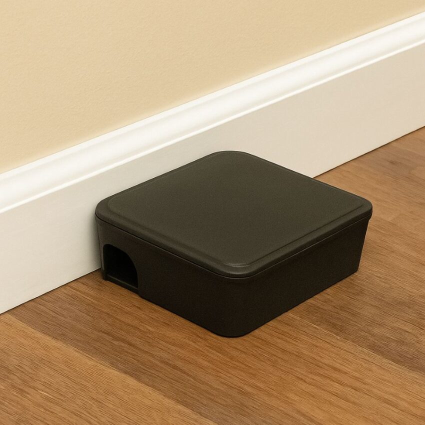 Bait station positioned flush to a baseboard with entrances parallel to the wall.