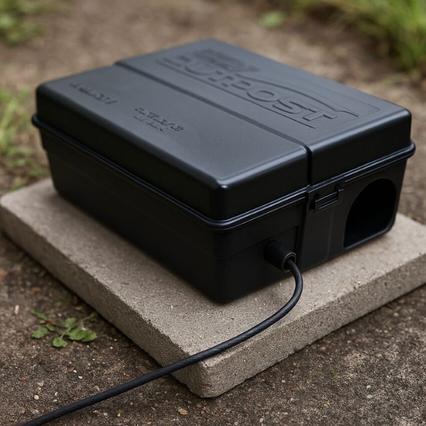Bait station tethered to a paver to prevent tipping and movement.