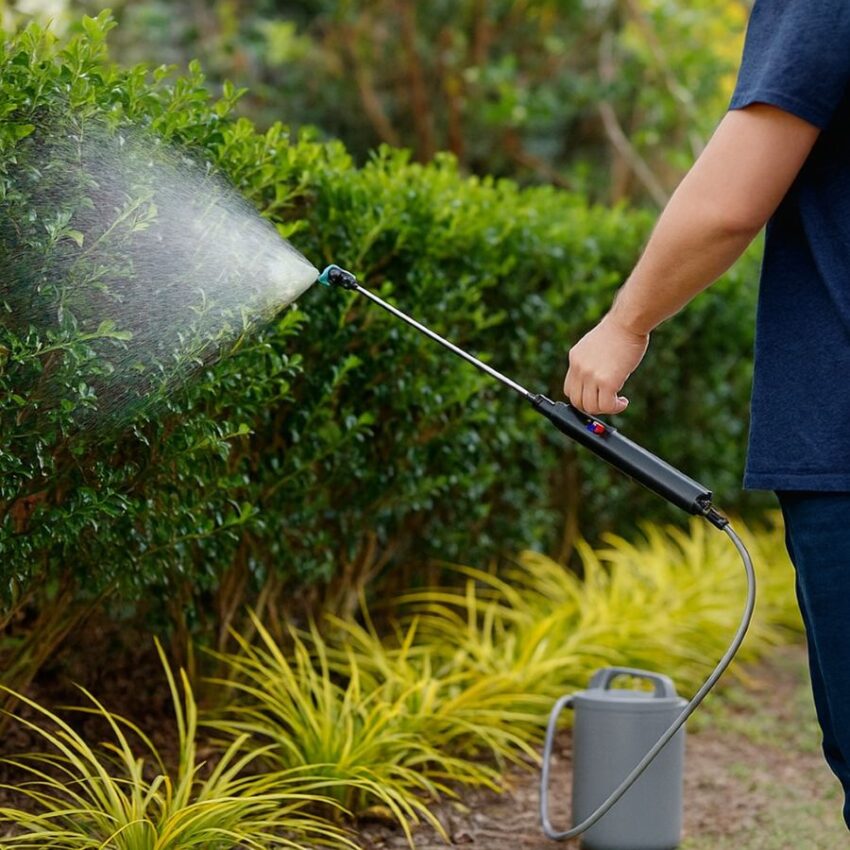 Battery powered sprayer wand reaching shrub canopy from a path, tank parked off the bed