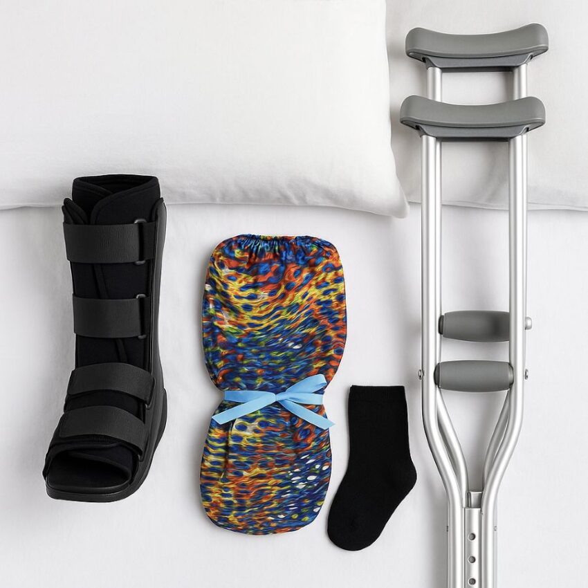 Bedside kit with walking boot, bedtime cover, sock, pillows, and crutches ready for night use