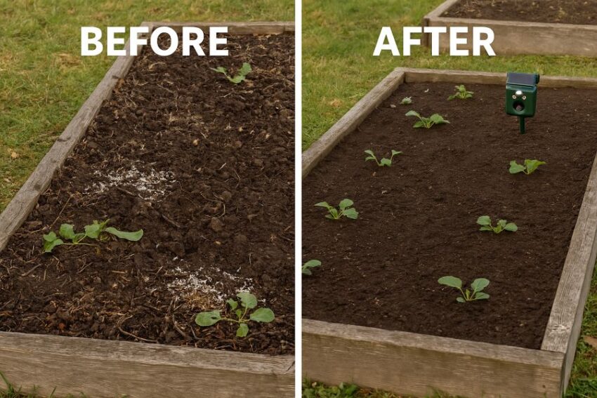 Before-after view of garden damage reduced after installing a motion-activated solar repellent