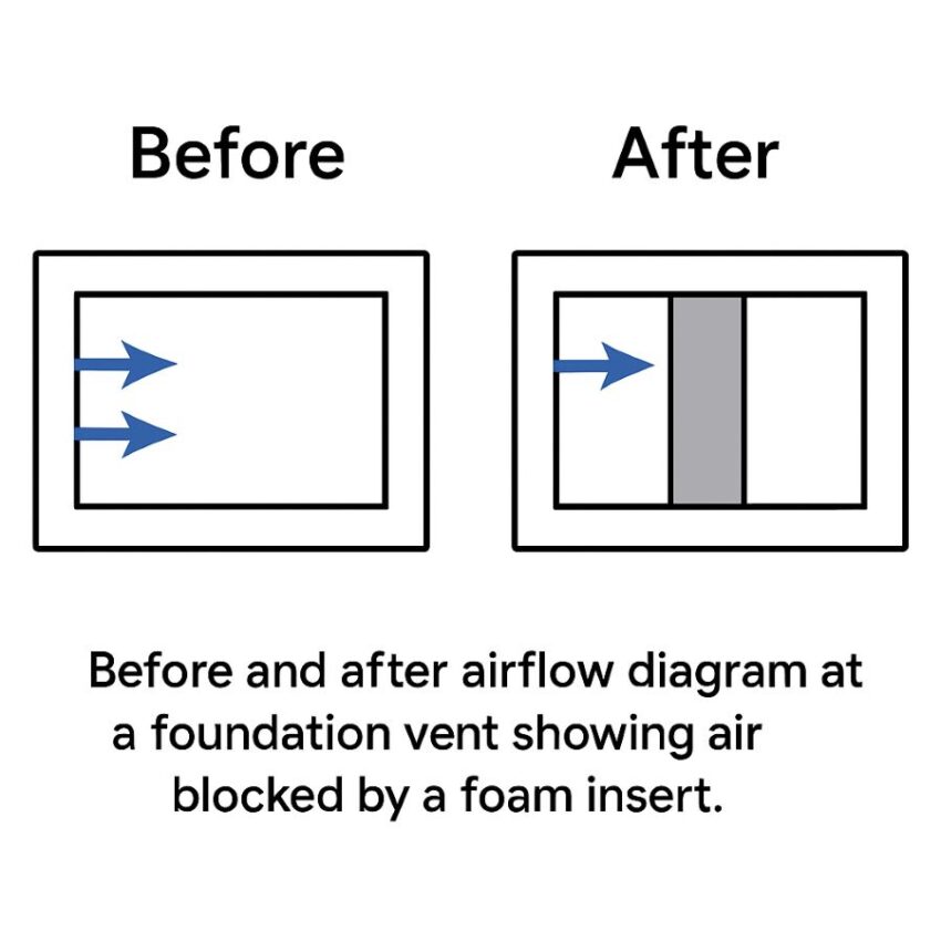 Before and after airflow diagram at a foundation vent showing air blocked by a foam insert.