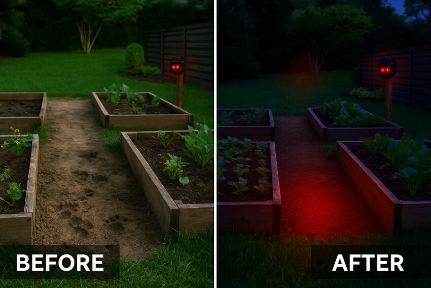Before and after comparison of a garden with prior night damage versus the same area protected by predator lights at dusk.