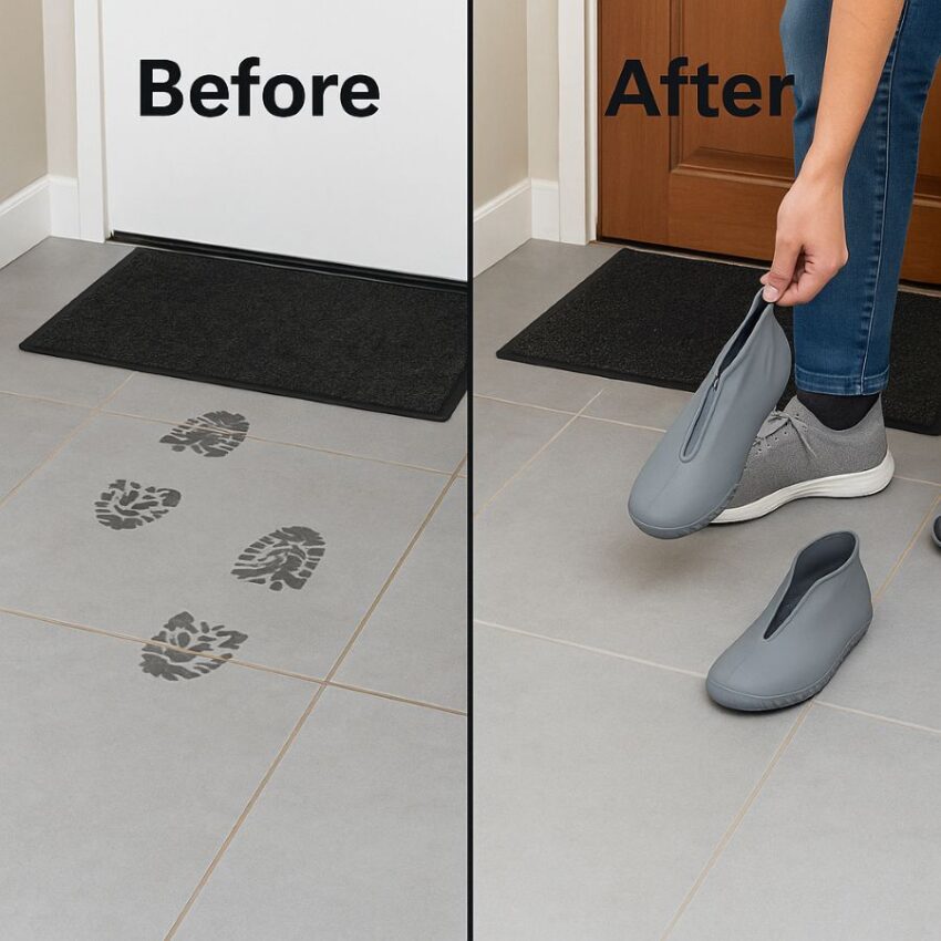 Before and after entryway showing dirty wet footprints versus clean floor with overshoes removed on a mat.
