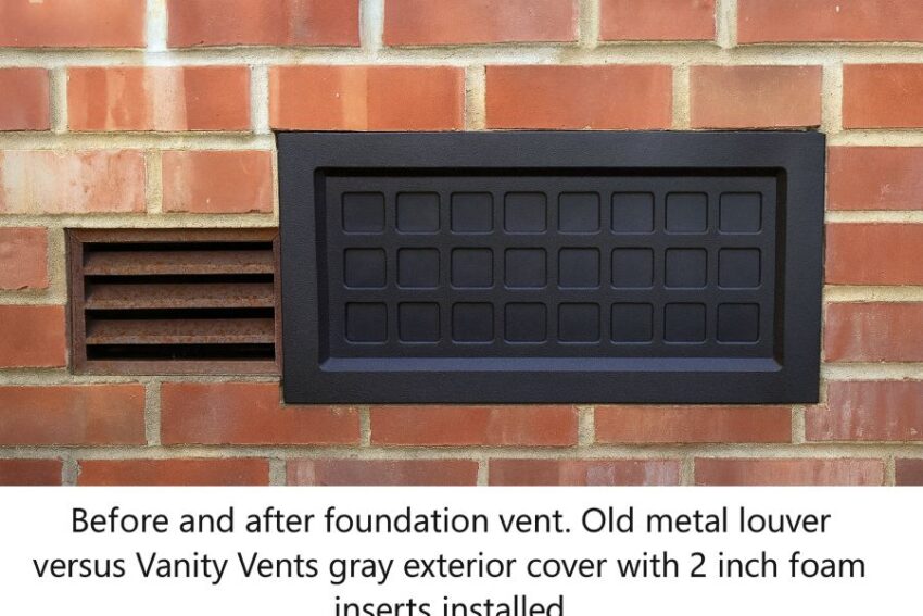 Before and after foundation vent. Old metal louver versus Vanity Vents gray exterior cover with 2 inch foam inserts installed