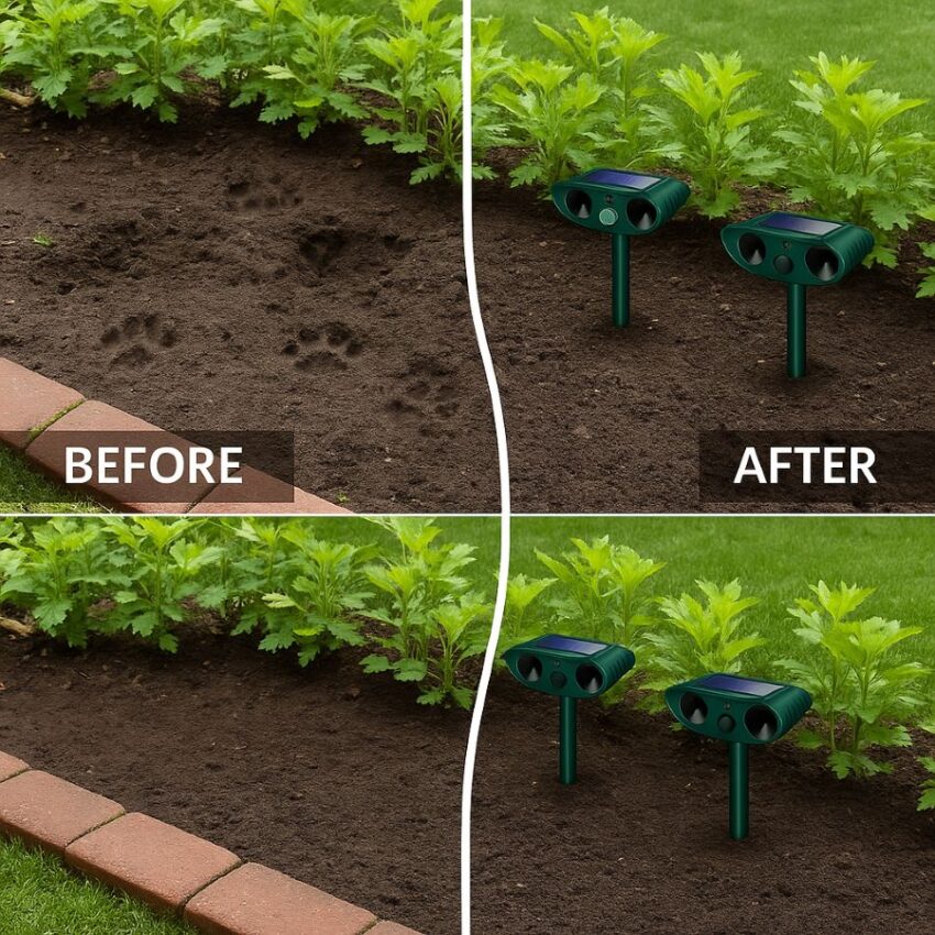 Before-and-after garden bed showing reduced animal activity after installing ultrasonic repellents