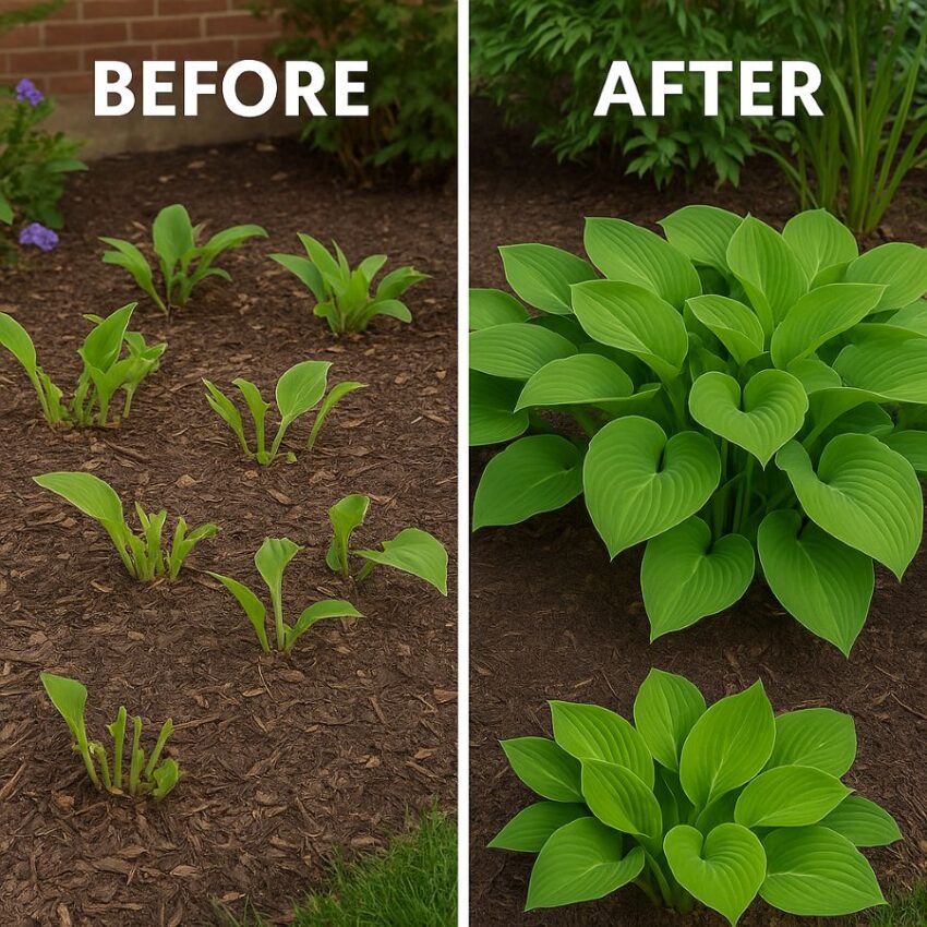 Before and after rabbit damage in a hosta bed, after starting a Bobbex-R spray schedule