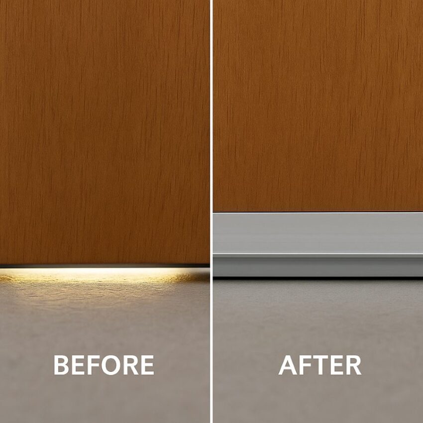 Before and after sealing the under-door gap, daylight leak eliminated by an automatic door bottom