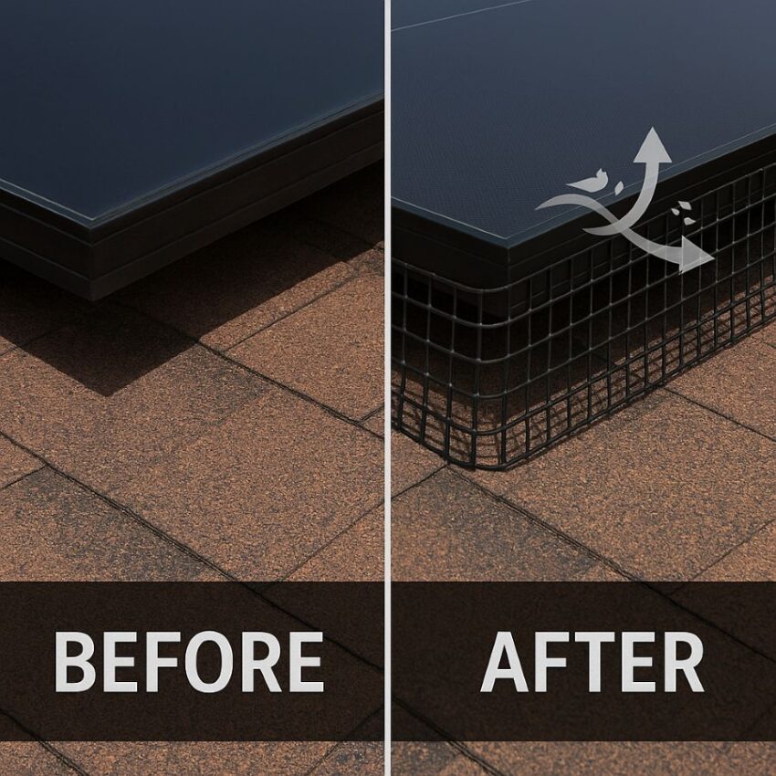 Before and after sequence of the panel perimeter open versus sealed with mesh