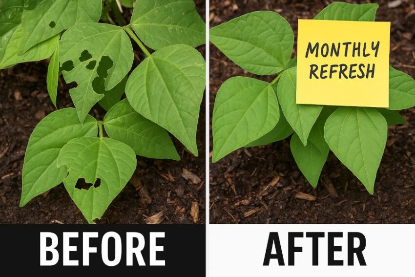Before, chewed foliage. After, protected leaves with a simple monthly refresh schedule
